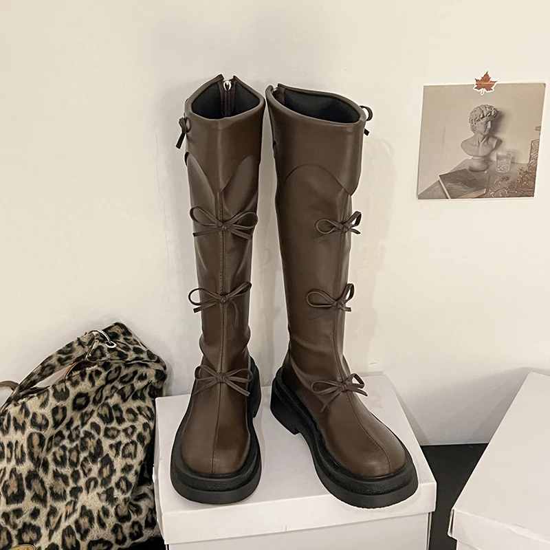 Winter Thick Sole Woman Short Plush High Boot Fashion Butterfly-knot Back Zippers Shoes Women's Slim Knight Long Booties