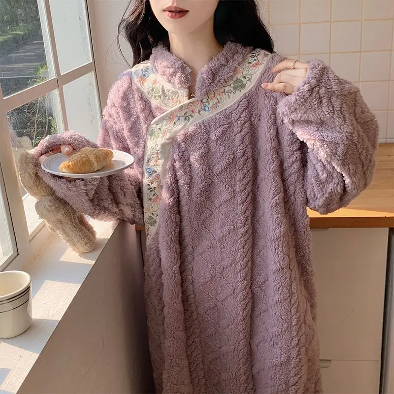 Winter Nightgowns Women Plus Velvet Thicker Warm Embroidery Cozy Baggy Flannel Sleepwear Gentle Aesthetic Literary Loungewear