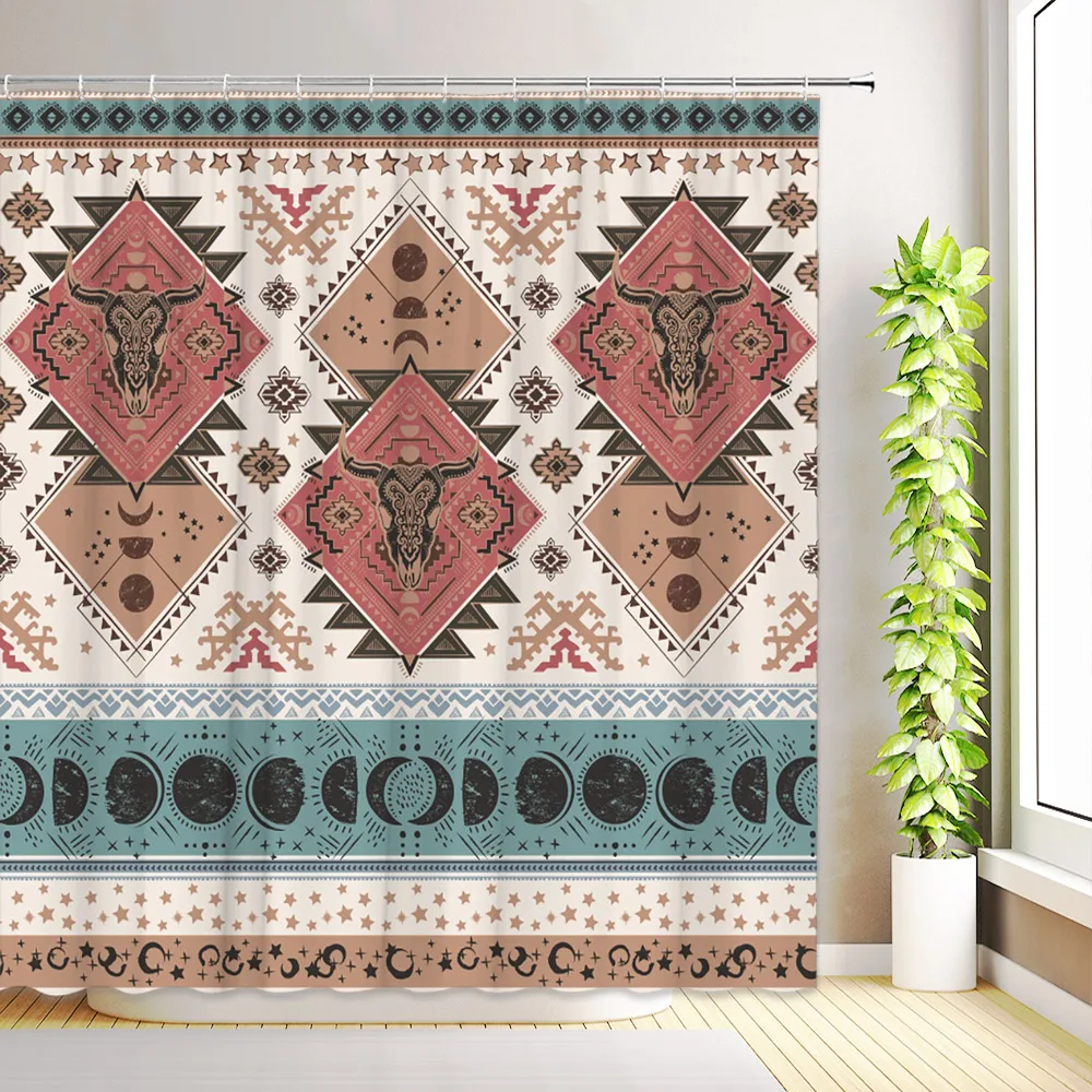 Western Aztec Shower Curtain Boho Aesthetic Abstract Geometric Cactus Longhorn Skullhead Floral Plant Bathroom Decor with Hooks