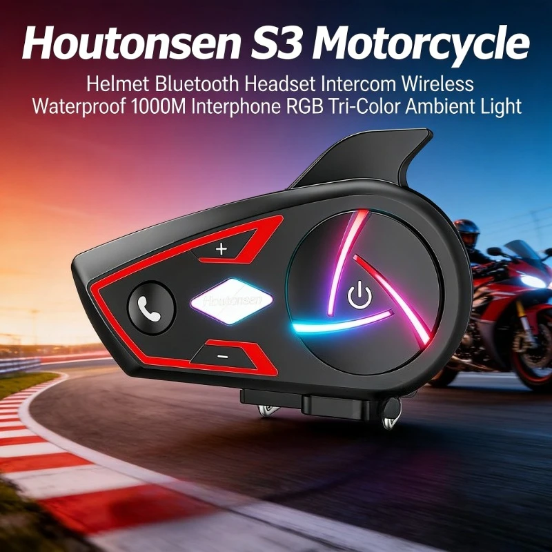 Houtonsen S3 Helmet Bluetooth Communication 1000M Waterproof Motorcycle Intercom RGB Tri-Color Ambient Light