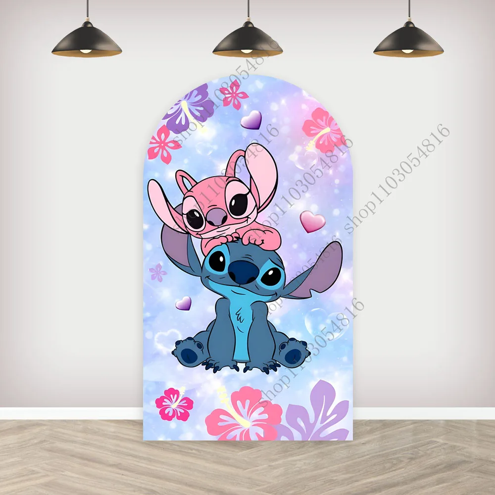 خلفية صورة على شكل قوس من Stitch & Angel، خلفية جدارية مقوسة وردية لطيفة لحفلات أعياد الميلاد وحفلات استقبال المولود الجديد، خلفية تصوير مزدوجة الجوانب #2