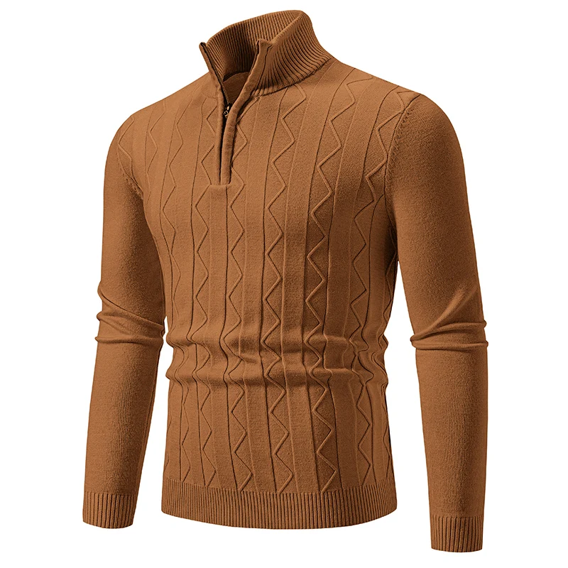 Suéter de punto liso para hombre, jersey de cuello con cremallera, ajustado, cálido, a la moda, otoño e invierno, novedad