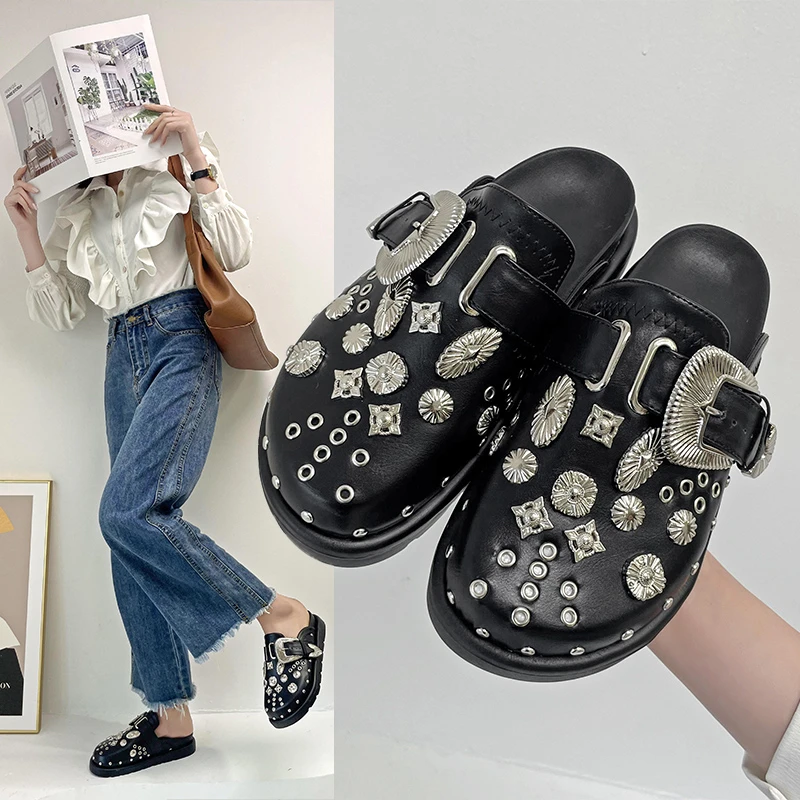 Baotou sandals women wear thick soled rivet fashion sandals diamond-shaped Mohler shoes slippers women shoes women shoes