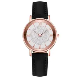 Stijlvol En Casual Hoge Kwaliteit Dames Rose Gold Dial Lederen Band Volledige Diamond Engels Horloge Student Meisje Eenvoudige Vintage Klok