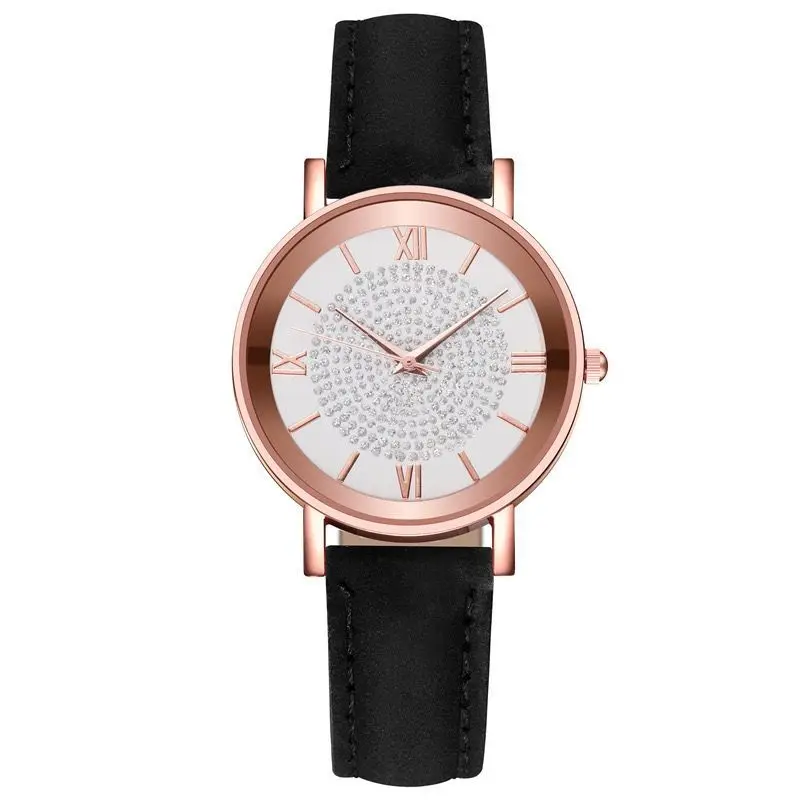 Stylish and casual high quality ladies Rose Gold dial leather strap Full diamond English watch Student girl simple vintage clock