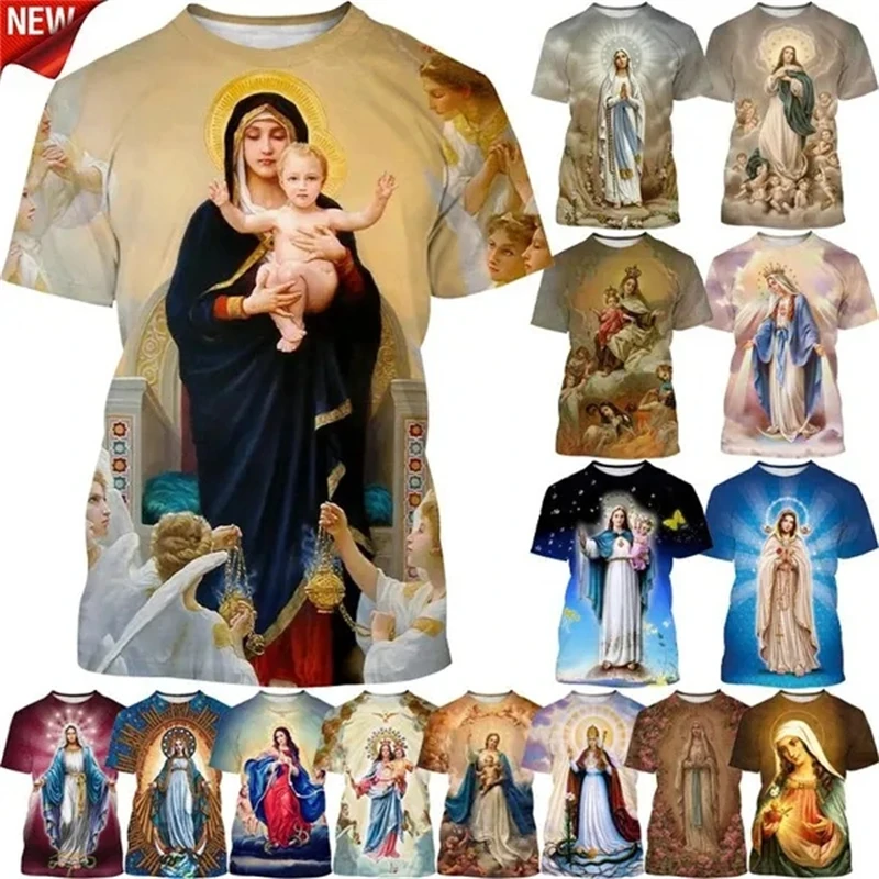 New Blessed Virgin Mary 3D Printing T-Shirt Fashion Christian Mother Of God Faith Style Short Sleeved T Shirt Unisex Casual Tees