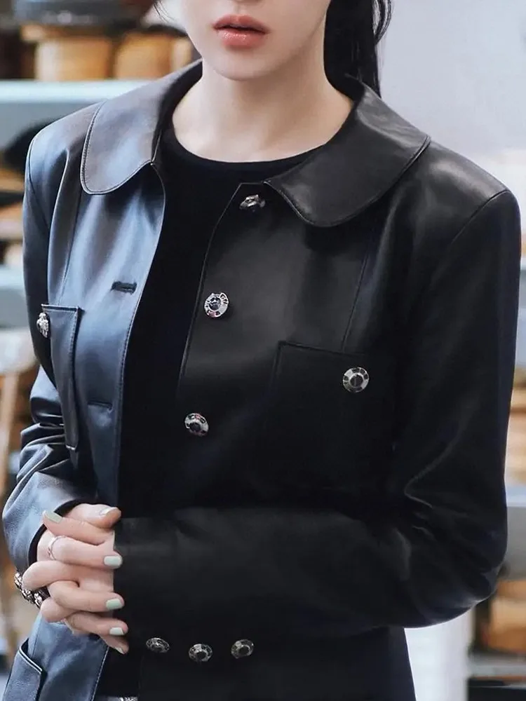 Autumn New Women Colorful Buttons Slim Fit Sheepskin Genuine Leather Jacket Vintage Elegant Lady Party Lapel Collar Outwear Coat