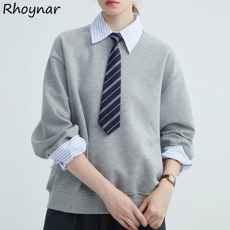 

Fake 2 Pcs Sweatshirts Women Autumn Patchwork Design Loose Fashion Preppy Style Tender Casual K-pop Clothes Girls Streetwear New