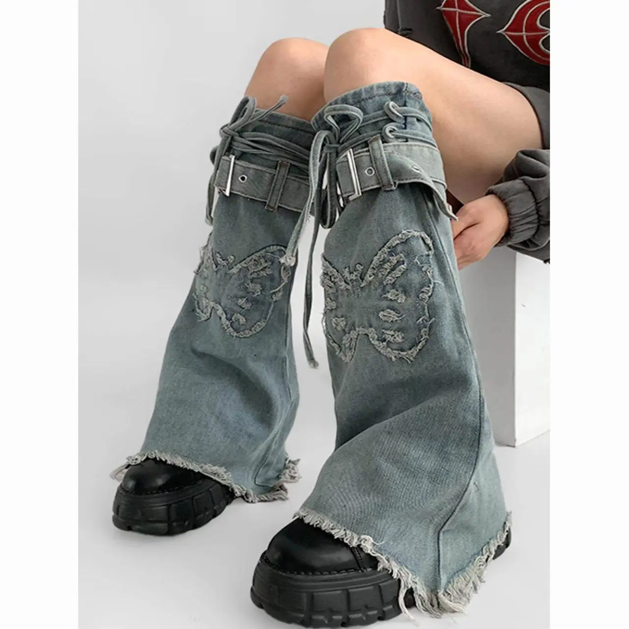 Retro Butterfly Y2k Denim Leg Warmer Design Sense Strap Buckle Flared Jeans Leg Covers Crunge Streetwear
