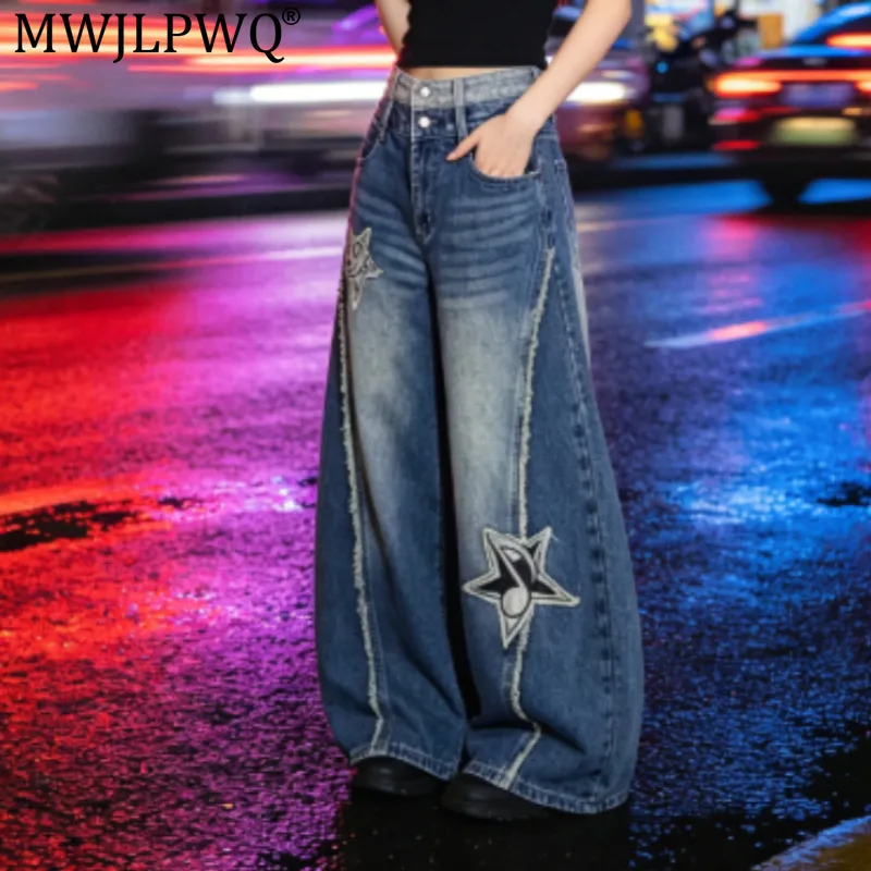 MWJLPWQ Double-Waisted Raw-Edge Curved-Cut Jeans For Men Trend Star Embroidery Design Washed Distressed Wide Leg Trousers  20865