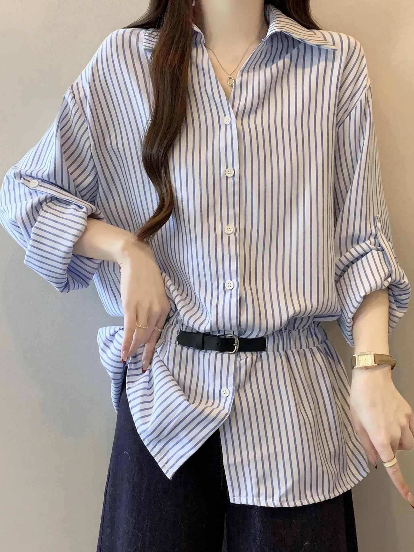 

Blue Striped Collar Waist-Cinching irt Women Early Spring plus Size Slimming Design Commute Top Korean Sle Loose Fit