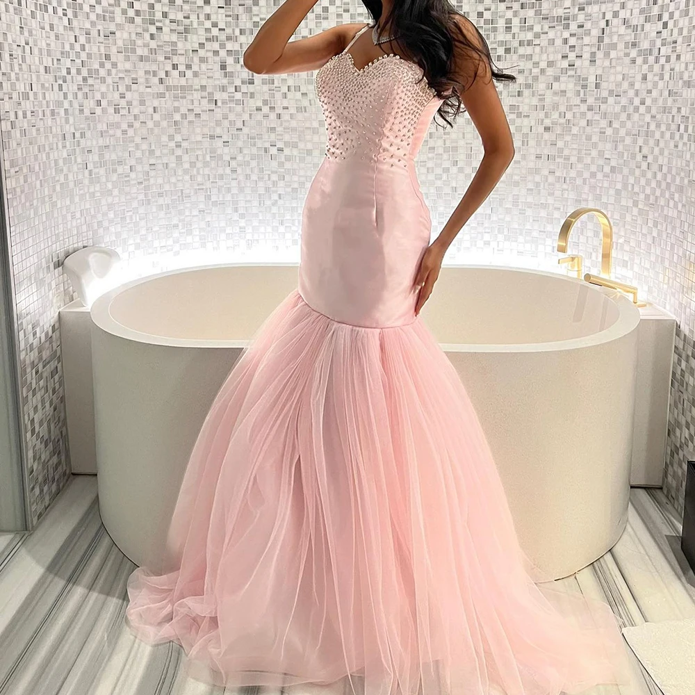 

Customized Fashion Tulle A-Line Crystal Evening Dress Strapless Sleeveless Panel Train Bespoke Occasion Gowns Temperament