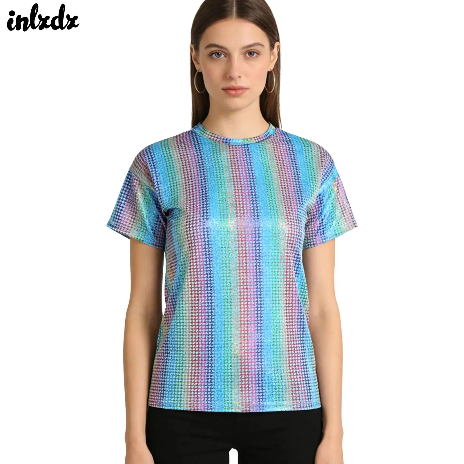 Womens Mens  80s disco Holographic Plaid T-shirt Tops Short Sleeve Pullover Iridescent Metallic Tops for 80s Disco Jazz Dance
