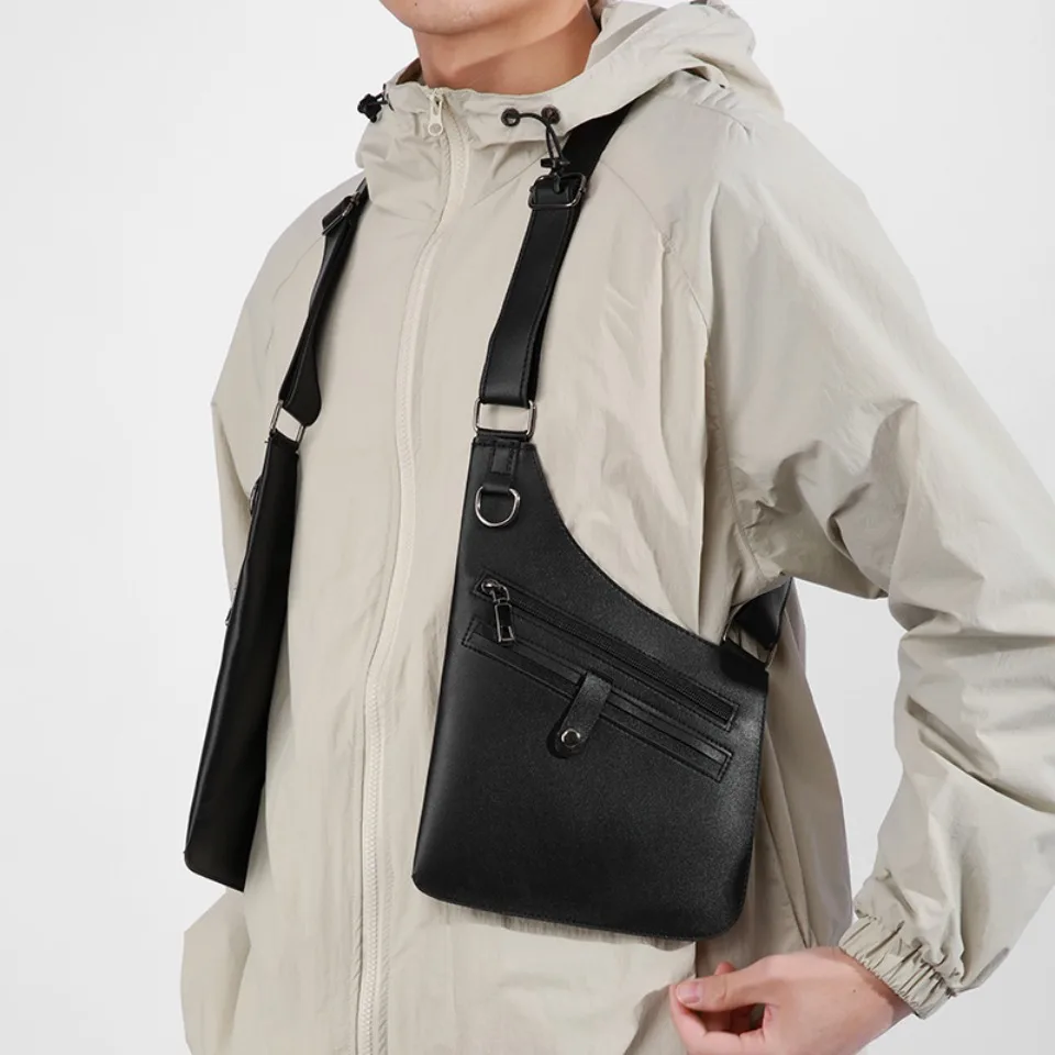 Double Shoulder Strap Multi-Pocket Outdoor Anti-Theft Tactical Fishing Bag Waterproof PU Multi-Purpose Men's Crossbody Bags