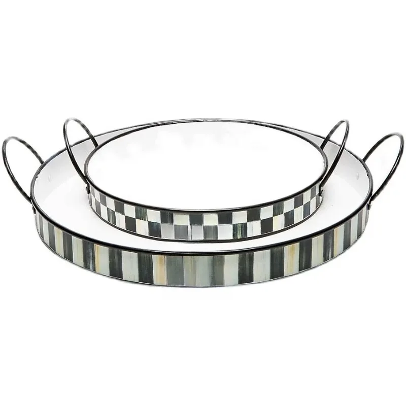 Chessboard striped tray set, round metal handle, household tea tray, cosmetics storage tray.
