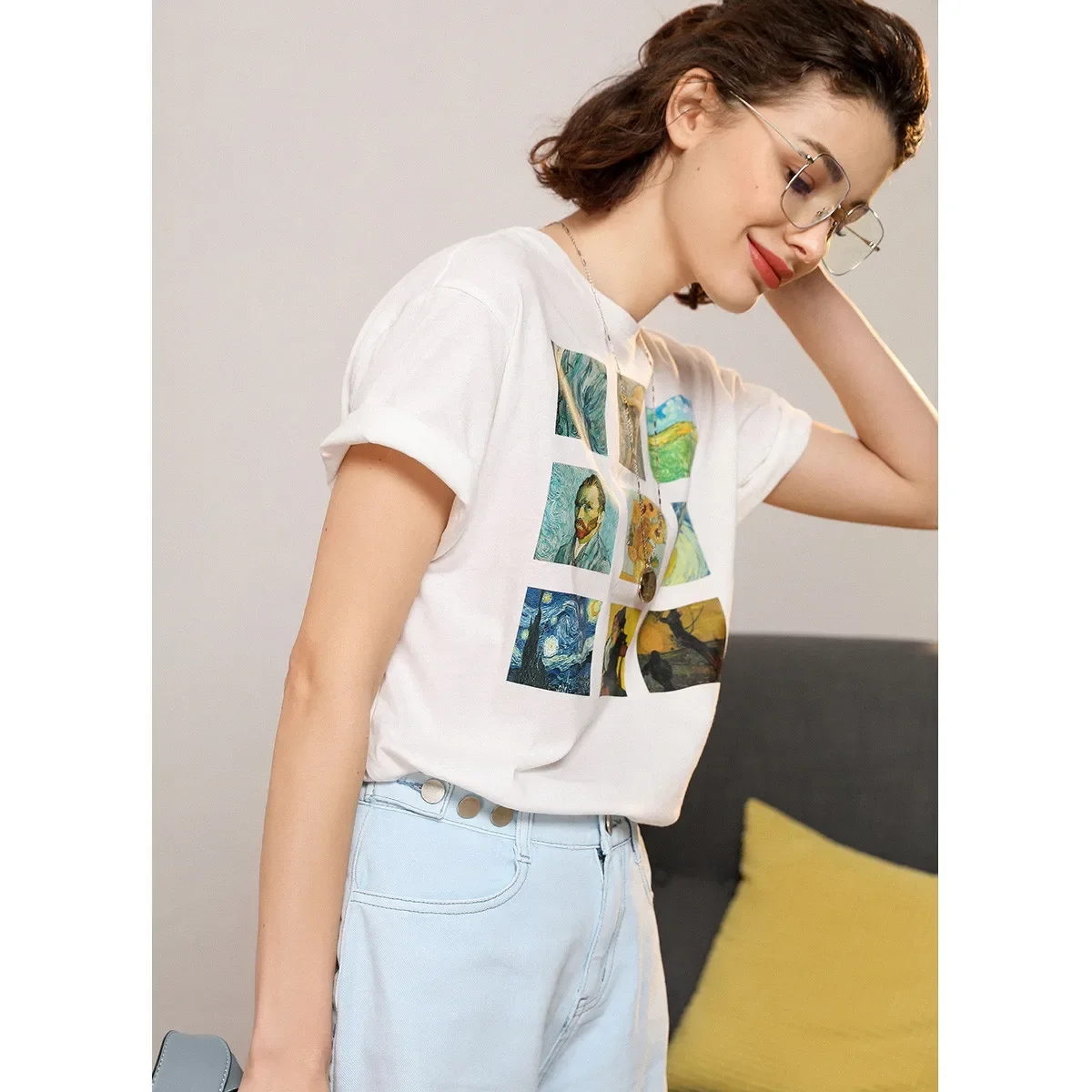 LOUIS YAO Women T-shirt Fashion Print Tee 2024 Summer O Neck Short Sleeve 100% Cotton Pullover Top