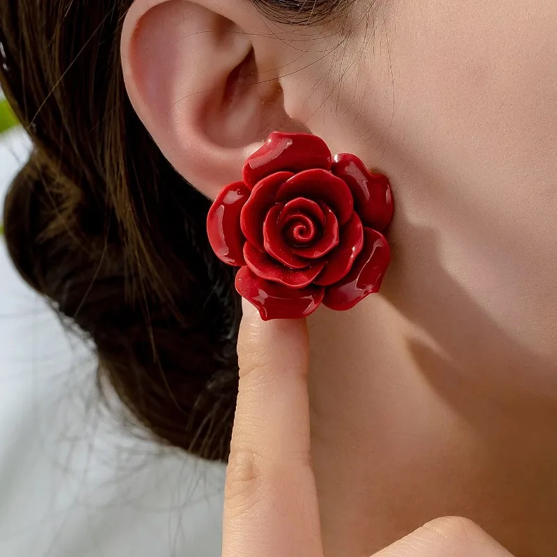 Stud Earrings For Women Red Rose Flower Retro Minimalist Geometric Ear Accessories Fashion Jewelry BE561