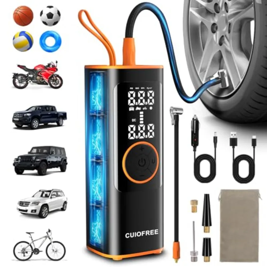 

Cordless Tire Inflator Portable Air Compressor 150PSI Dual Power with 6000mAh Battery and 12V DC Compact Portable Air Pump for