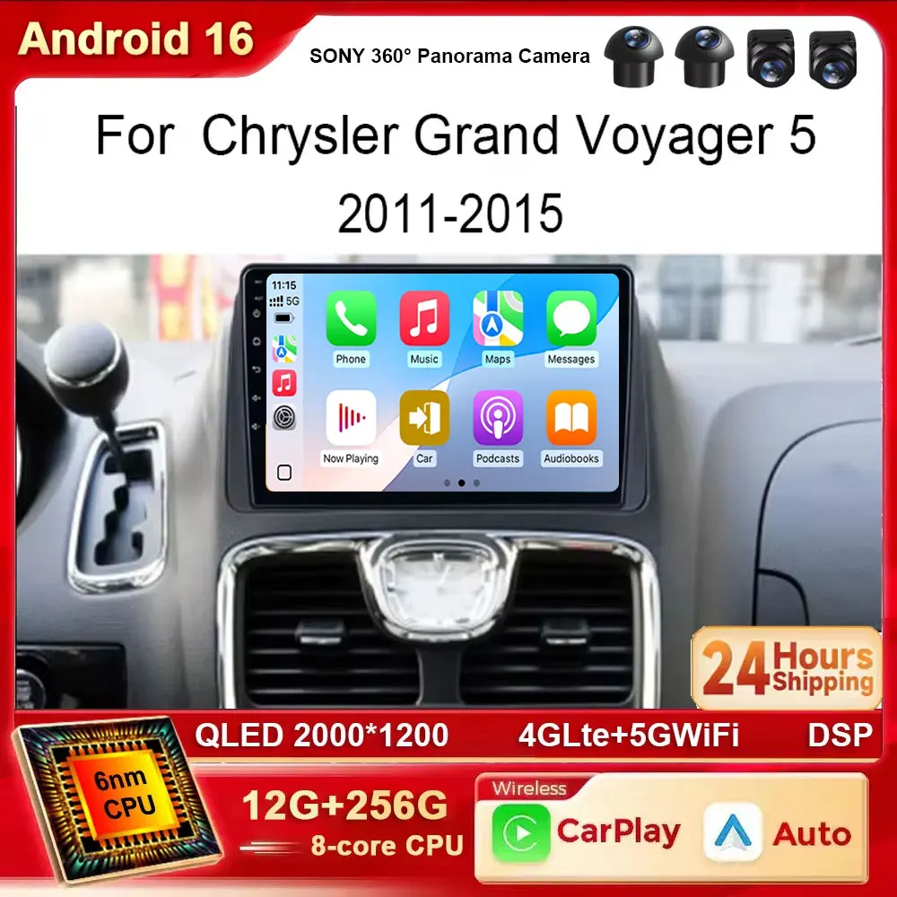Android 16 For Chrysler Grand Voyager 5 2011 - 2015 For Dodge Grand Caravan 2008-2020 4G WIFI Car Radio Multimedia 360 Camera