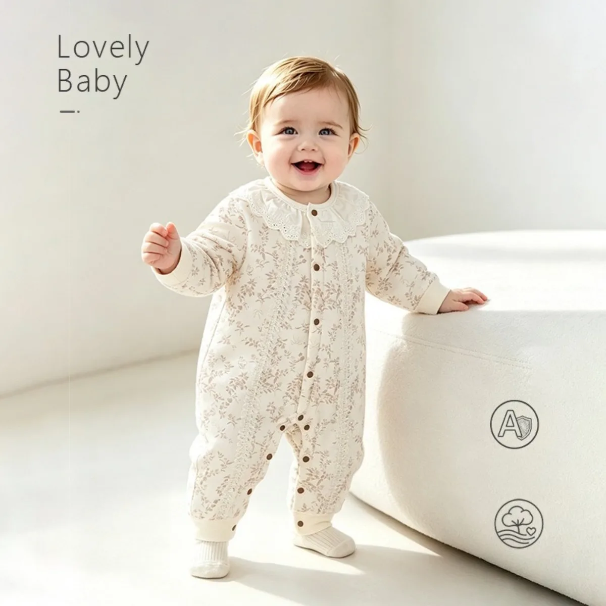 40G Light Quilted Baby Romper Fall Winter Soft Cotton Long Sleeve Onesie Warm Infant Toddler Jumpsuit 0-18M Unisex Floral Print