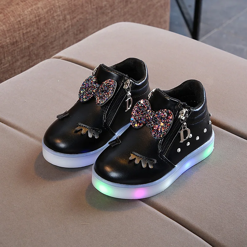 Children Glowing Sneakers Kid Princess Bow for Girls LED Shoes Cute Baby Sneakers with Light Shoes Size 21-30