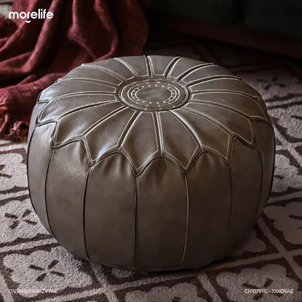 Pu Pouf Embroider Craft Hassock Ottoman Footstool Creative Light Luxury Round Large Artificial Leather Cushion Home Furniture