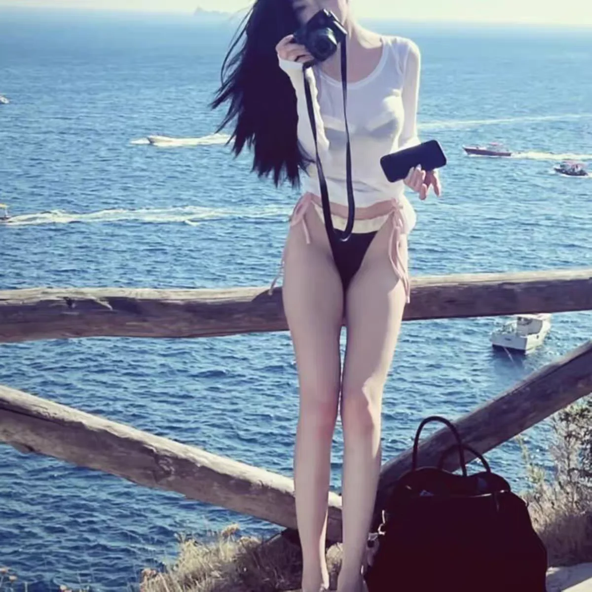 Sexy See-through Long Sleeve Bikini Thermal Spring Swimsuit Women's Bandage Cover up Holiday Style Triangular Bikini Polyeste...