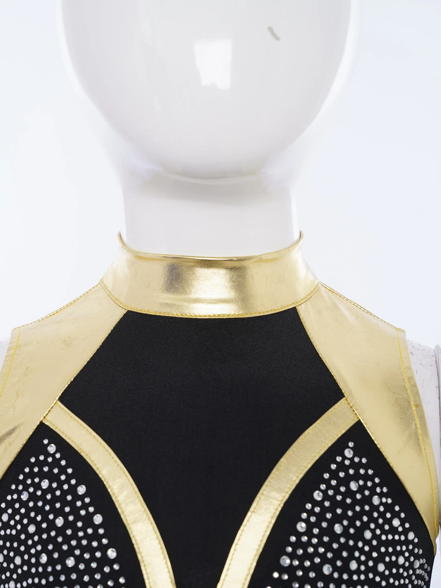 Tops cortos de Ballet y danza con cuello simulado para niñas, disfraz de actuación, Tops de gimnasia sin mangas con recortes en la espalda, bloque de Color con diamantes de imitación