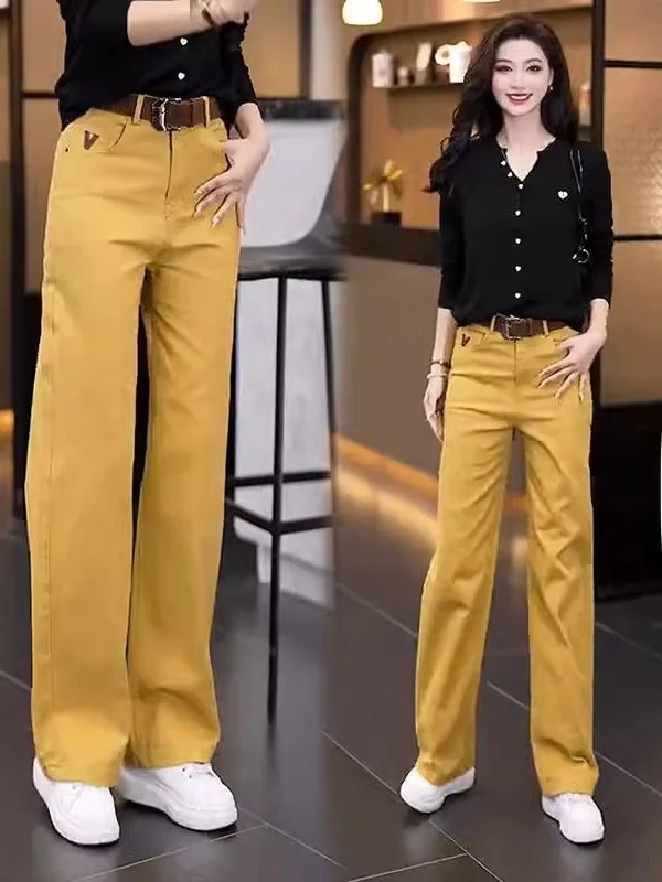 

Широкие джинсы с высокой талией, узкие прямые длинные брюки с высокой посадкой, весенне-осенние повседневные джинсы со стойкой