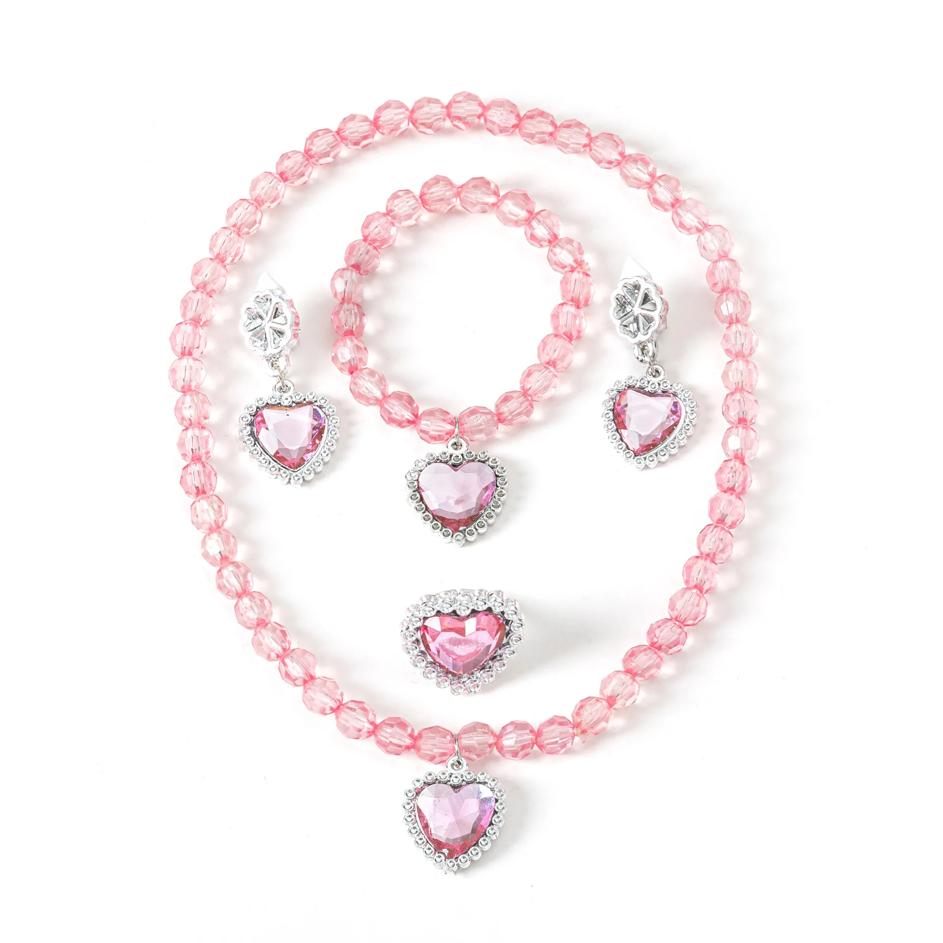 5pcs/set Kids Necklace Love Heart Earrings Bracelet Diamond Ring Set Fashion Sweet Girls Princess Party Dress Up Birthday Gifts