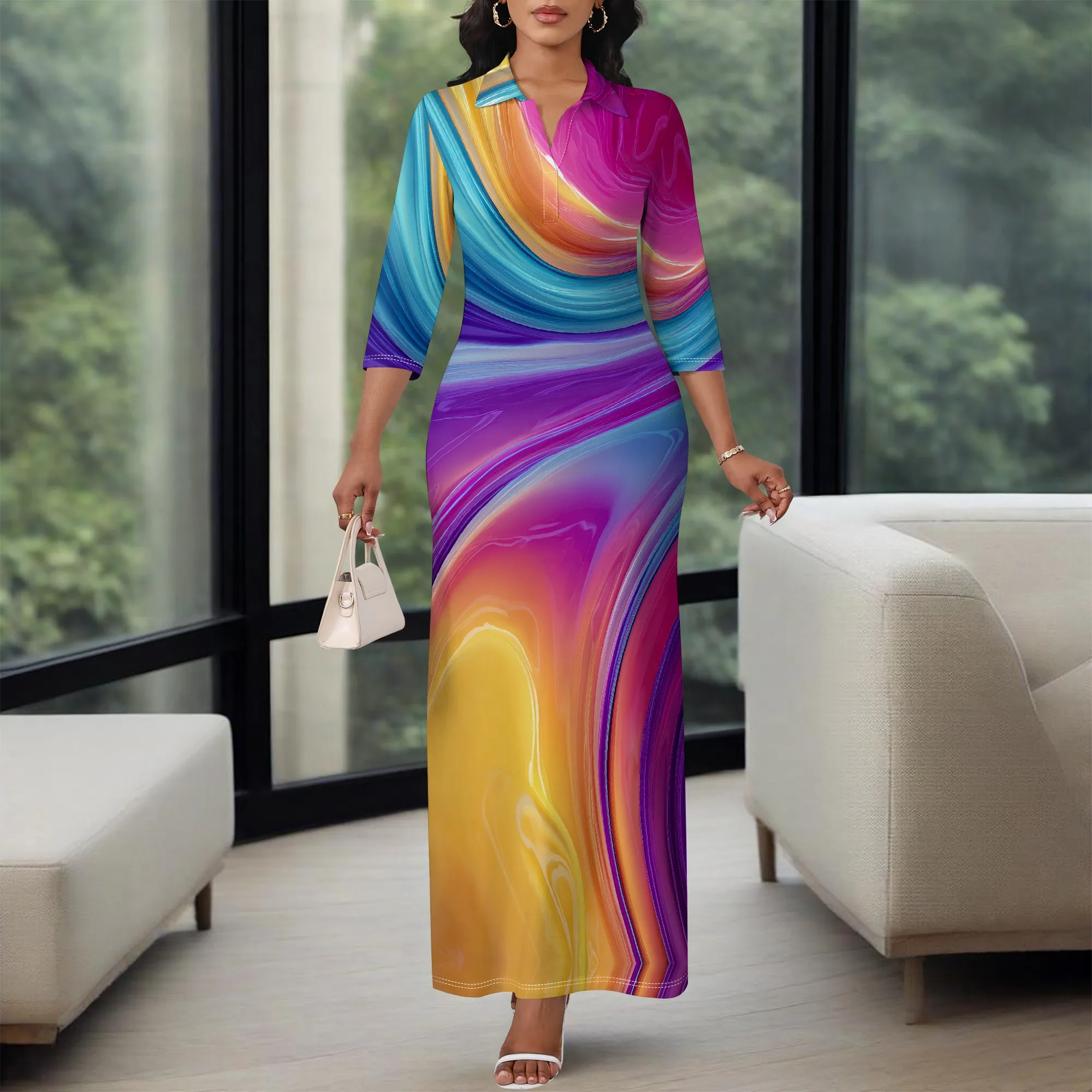 

Sunset Swirl Maxi Dress for Women XS-3XL Polo Neck Bodycon Style with 3/4 Sleeve for Cruise Trip, Art Event or Summer Night Look