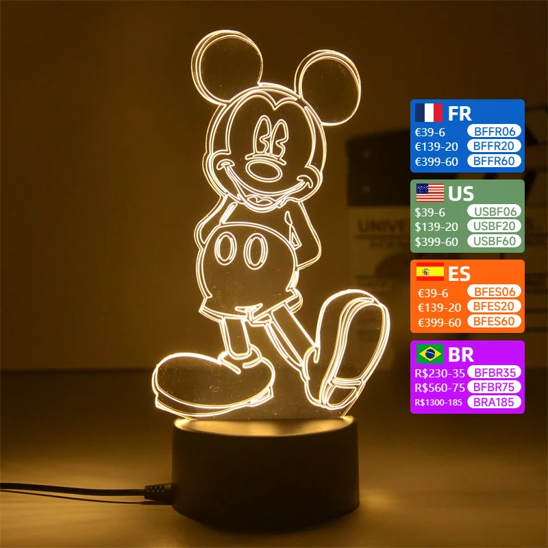 New Disney Mickey Mouse Anime Led Night Light Model Toys Anime Figure 3D Lamp Children Bed Room Decor Birthday&Christmas Gift