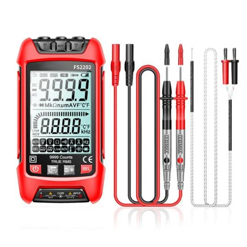 Multímetro de alcance automático com testador de transistor, TRMS vermelho, voltímetro AC e DC, Amp NCV, 9999 contagens, FS2202