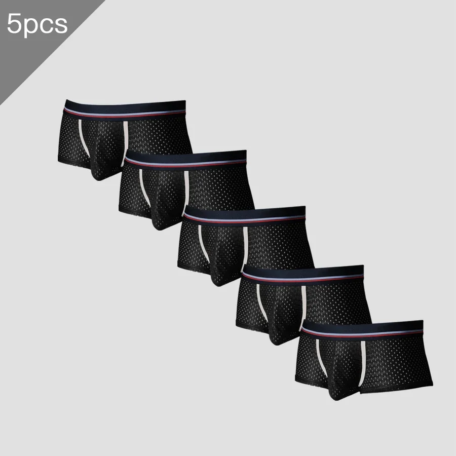 5PCS Men's ice silk underpants with mesh, thin and breathable in summer, U-convex flat corner, short underpants and waistband