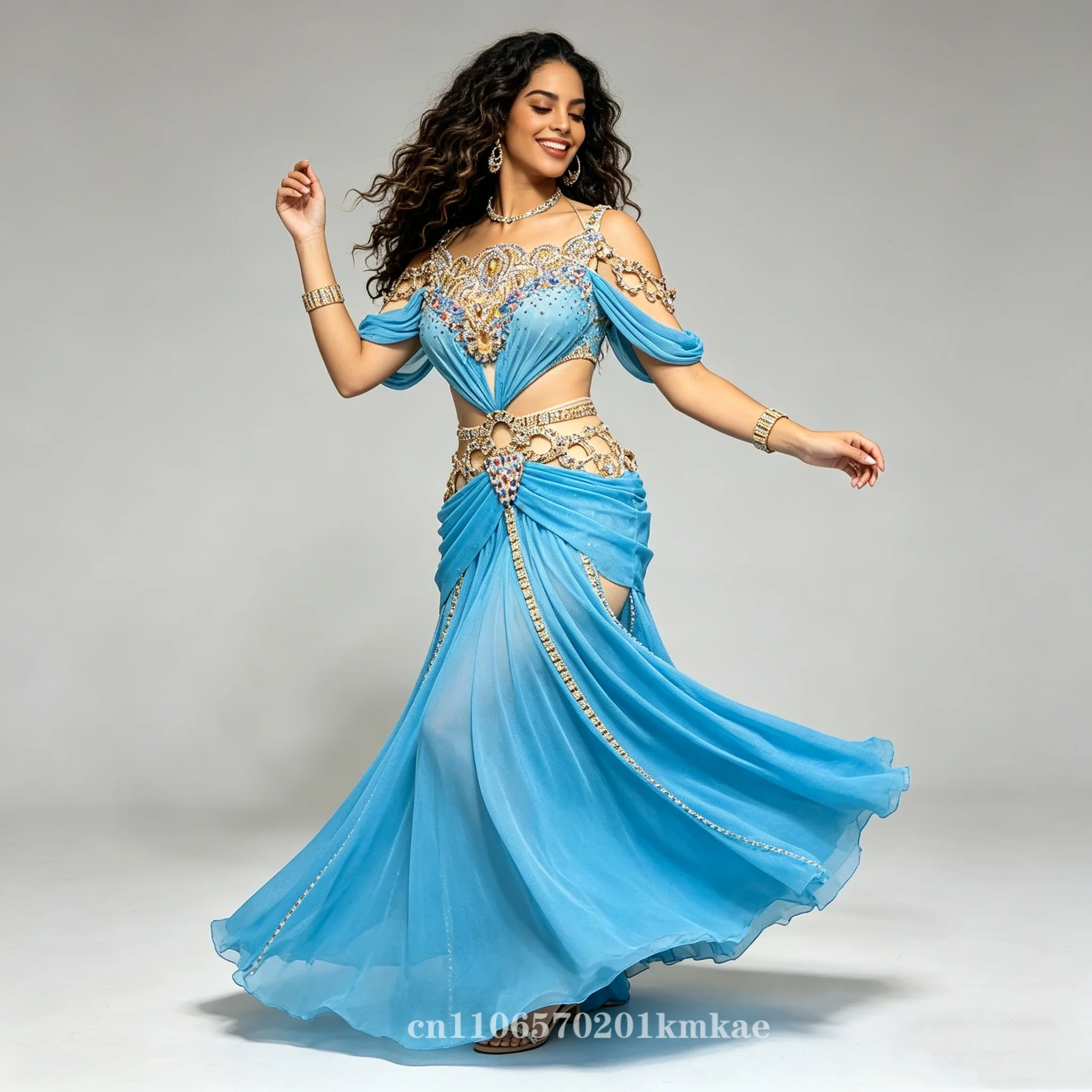 

Небесно-голубой костюм для танца живота для женщин, платье для выступлений с декором из страз, профессиональная одежда для сценических соревнований.