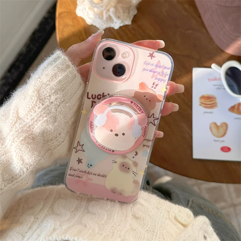 Kawaii Cartoon Cat Magnentic Phone Case For iPhone 15 Pro 12 14 13 Pro Max 14pro Cover with Magsafe Holder Fashion Cartoon Cases