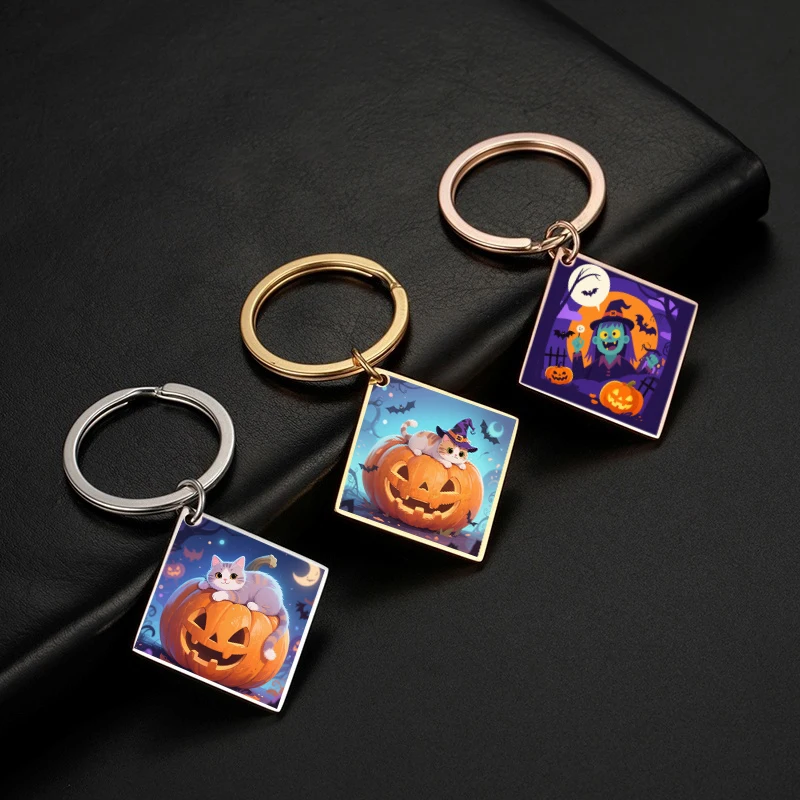 My Shape Horror Witch Pumpkin Cat Keychain Halloween Accessories Stainless Steel Backpack Decoration Jewelry Key Ring Wholesale