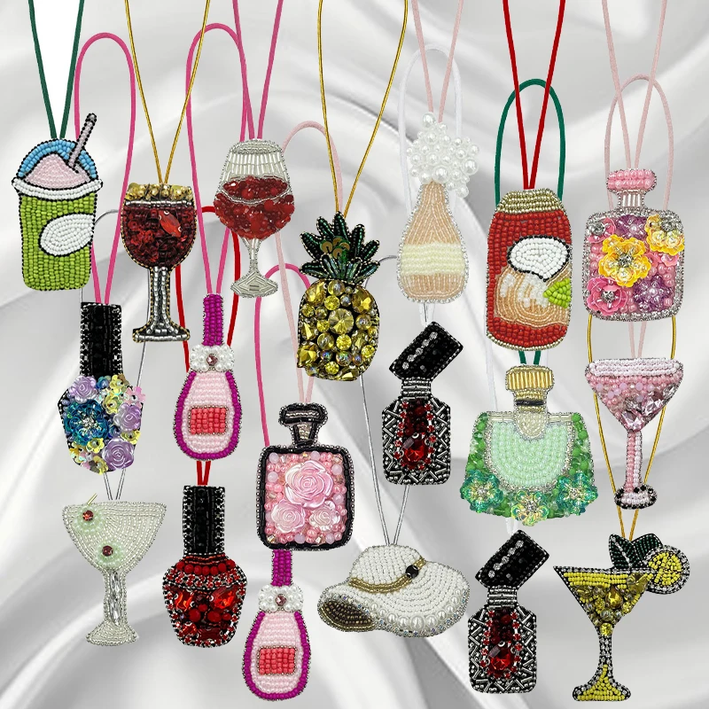 3D Handmade Rhinestone Beaded Crystal Rope Drinks Red Wine Patches Bag Lanyard Beading Patch Pendant Backpack Pendant