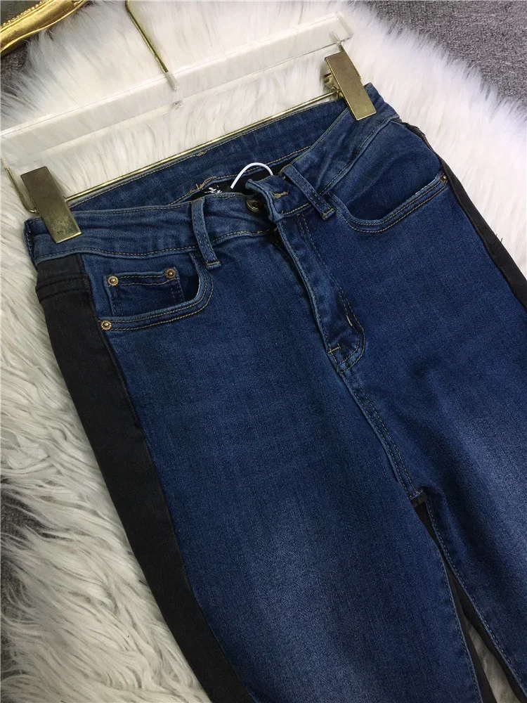 Heavy Industry Trousers Lower Open Buckle Eight-point High Waist Jeans Women Elastic Skinny Splicing Color Skinny Straight Pants