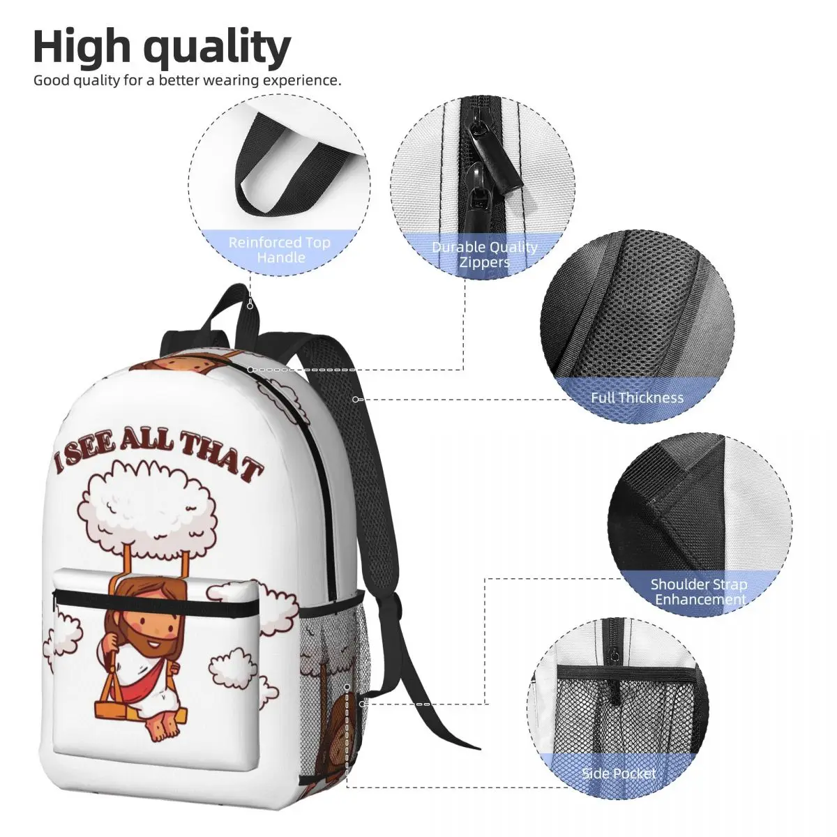 I See All That Cute Jesus On A Cloud Swing Backpack Student BookBag Kids School Bag Laptop Shoulder Bags for Men Women