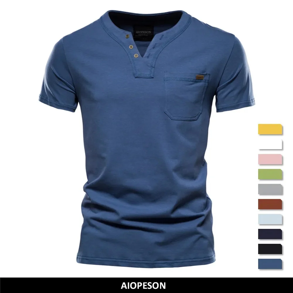 2024 Summer Quality Cotton CasualT-Shirt Solid Color Design V-neck T-shirt Casual Classic Men's Clothing Tops Tee Shirt Men