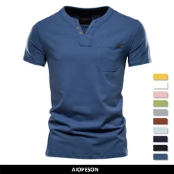 2024 Summer Quality 100% Cotton CasualT-Shirt Solid Color Design V-neck T-shirt Casual Classic Men's Clothing Tops Tee Shirt Men