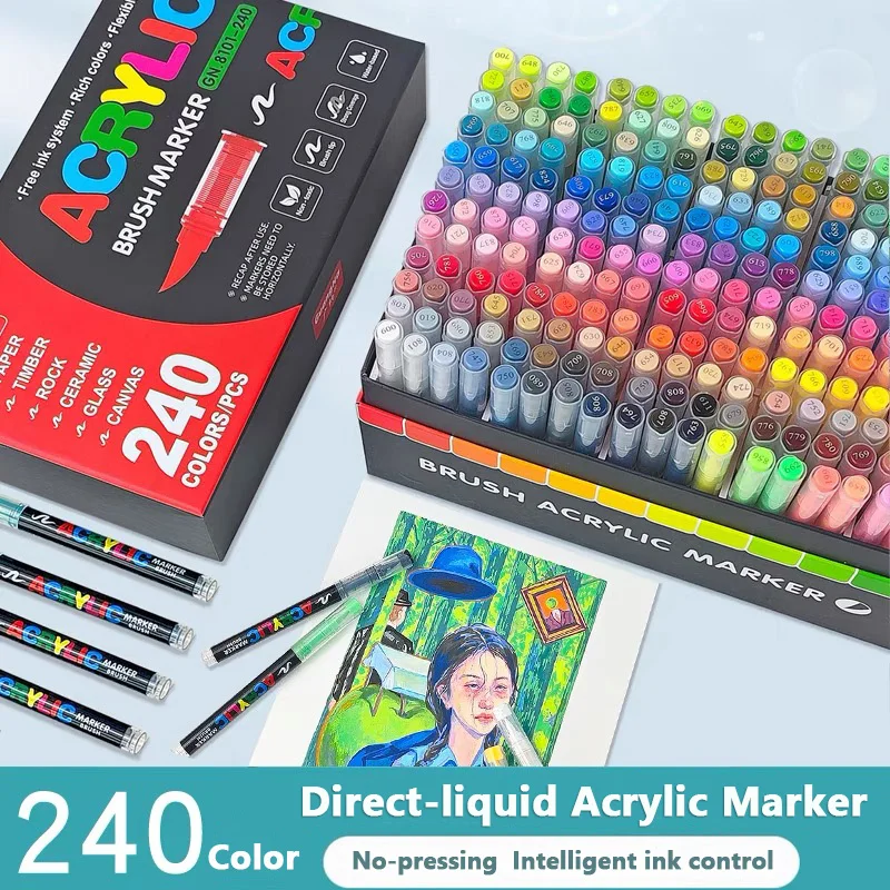 GUANGNA 12-240 Kolorów Marker Akrylowy z Płynnym Pigmentem, Marker Pędzelkowy do Malowania Kamieni, Ceramiki, Artykułów Papierniczych, Materiały Plastyczne — zdjęcie produktu 2