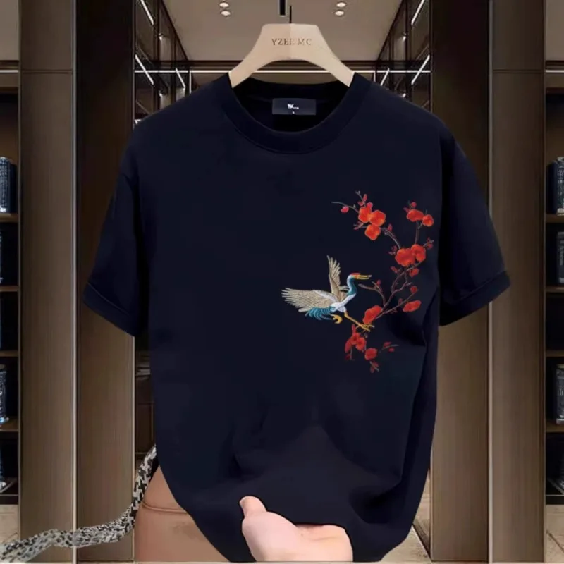 Men's T-shirts White T Shirt for Men Casual Summer Wear Red-crowned Crane Print Tee Shirts Black Men Quick-dry Clothing