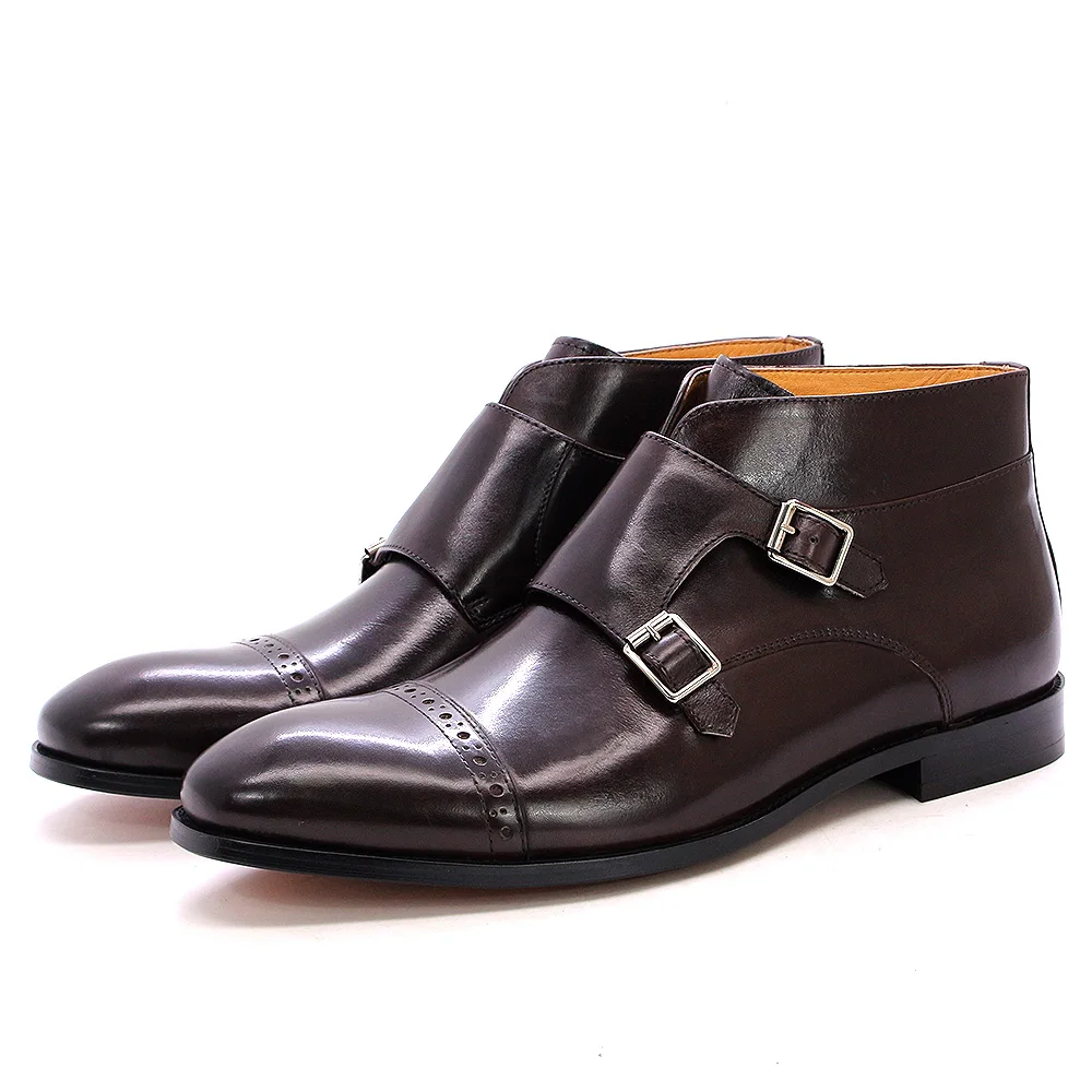 Sale 38-47 Mens Ankle Boots Genuine Calf Leather Double Buckles Monk Strap Basic Shoes Men Cowboy  Fashion Motorcycle Boots