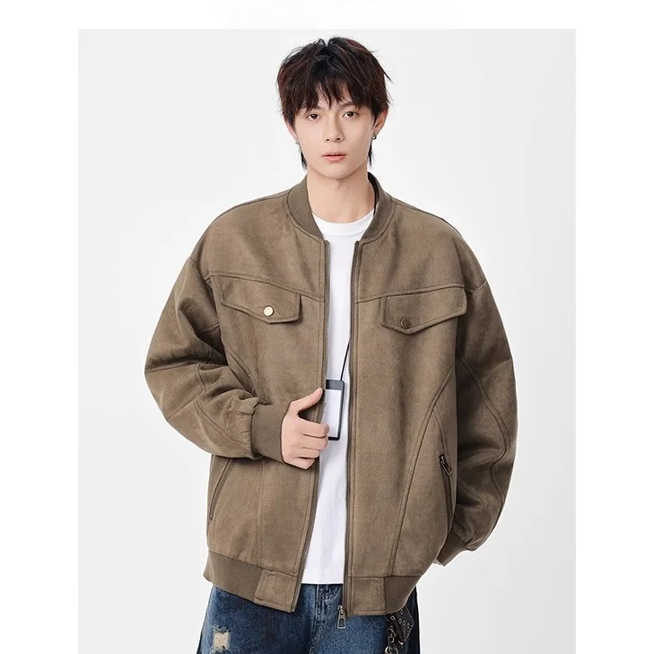 

Loose Men's Pilot Jaet Suede Workwear Coat Baseball Sle Autumn New Faion GEM DENG Tagkita Polyester Fiber Long Sve