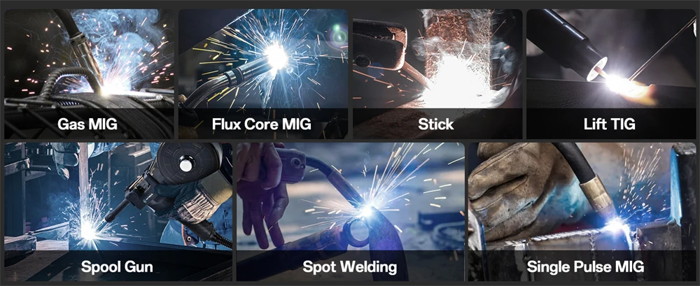 HITBOX MIG-Schweißgerät 220V 200 Ampere 7-in-1 Stick ARC MMA Gaslos/Gas MIG Lift TIG Punktschweißgerät mit Spool Gun, Einzelpuls-Aluminiumschweißgerät, großem LED-Digitalbildschirm und Inverter-Schweißwerkzeug – Detail 2