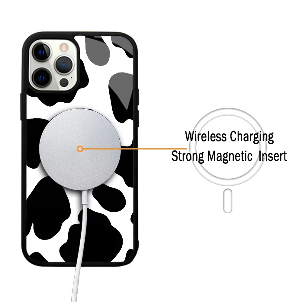 Cow Black Stains White Background Case For iphone 11 12 13 14 15 Plus Pro Max Mirror Acrylic For Magsafe Wireless Charging