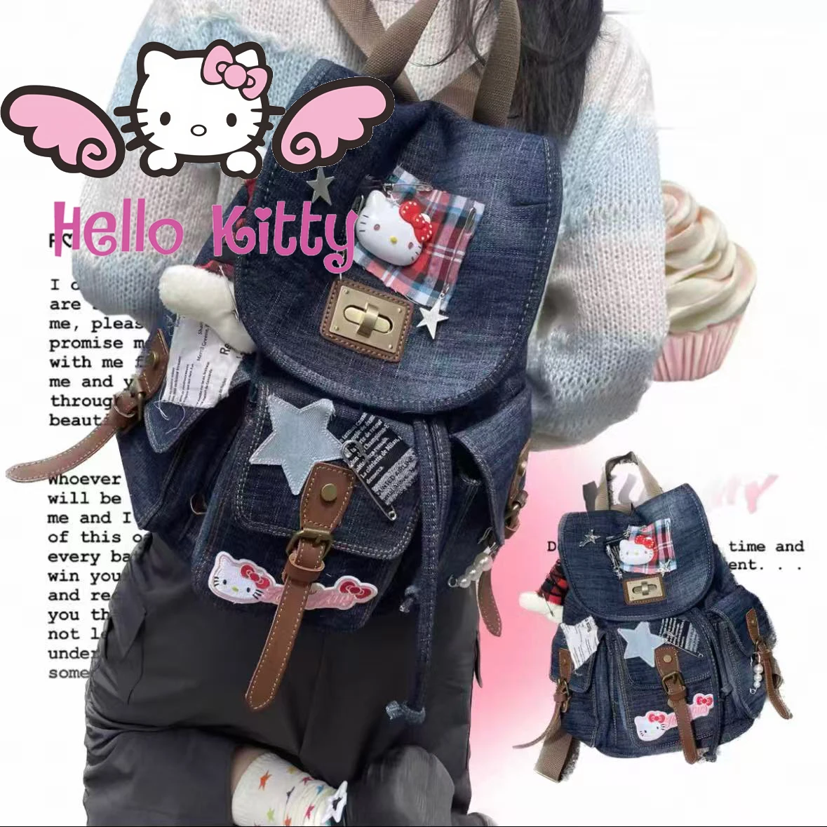 

Новый женский рюкзак Hello Kitty y2k MINISO Sanrio, милый y2k, джинсовая сумка с несколькими карманами, сумка высокого качества, модный индивидуальный подарок для девочек