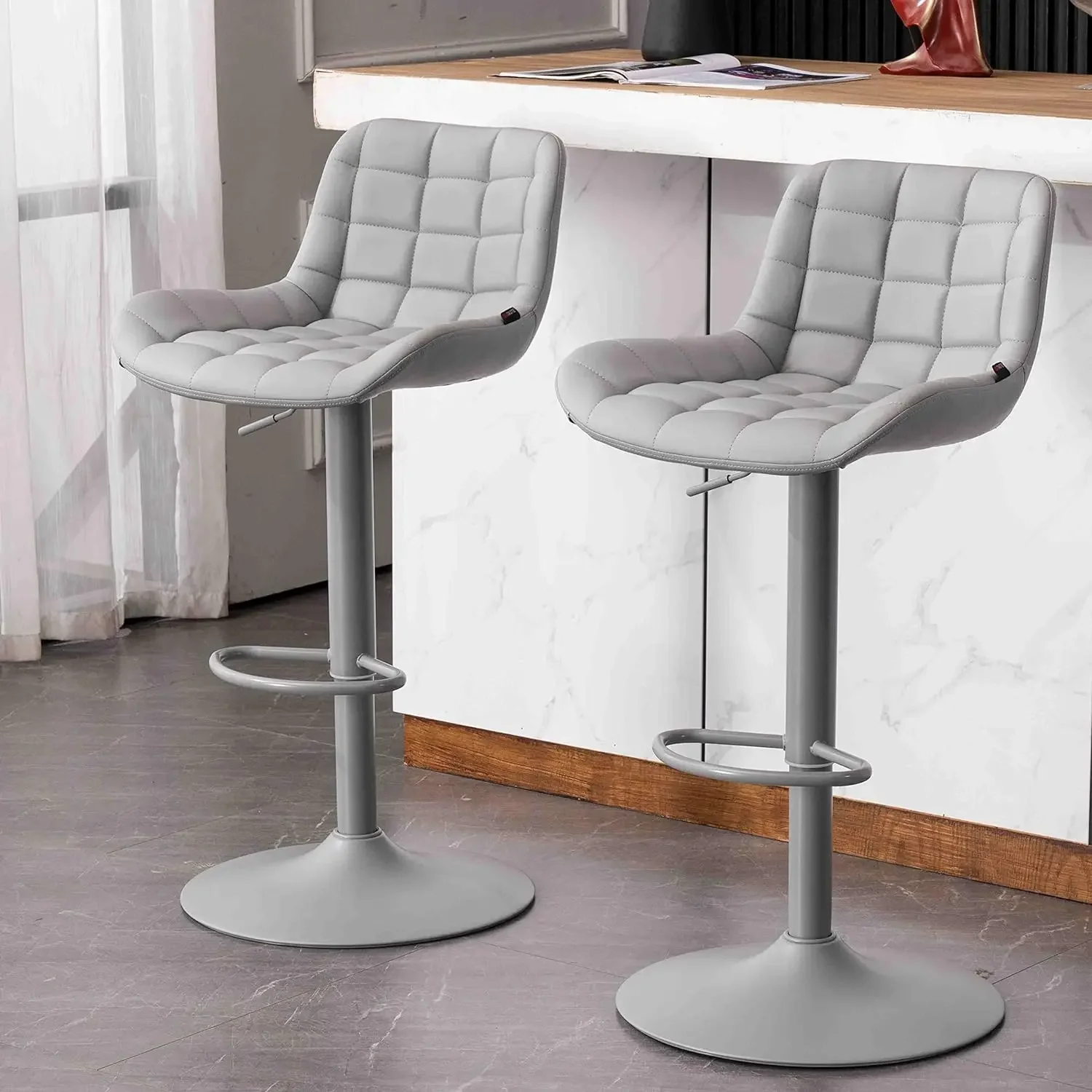2-piece counter high back stool PU leather padded metal, modern adjustable rotating high back stool